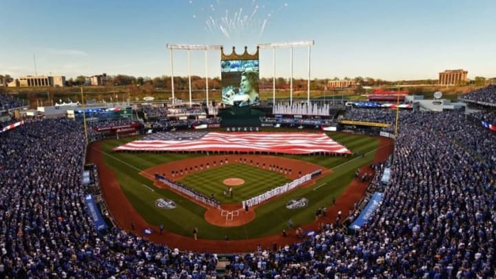 Apr 3, 2016; Kansas City, MO, USA; A general view of Kauffman Stadium during the National Anthem prior to the start of opening night between the Kansas City Royals and the New York Mets. Mandatory Credit: Peter G. Aiken-USA TODAY Sports
