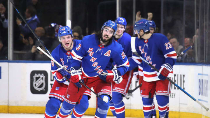 NEW YORK, NEW YORK - MARCH 05: Mika Zibanejad #93 of the New York Rangers celebrates his hattrick goal at 12 seconds of the third period against the Washington Capitals at Madison Square Garden on March 05, 2020 in New York City. The Rangers defeated the Capitals 5-4 in overtime. (Photo by Bruce Bennett/Getty Images)