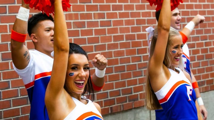 Cheerleaders get the fans excited as the Florida Gators arrived for Gator Walk as they were greeted by fans before playing the Tennessee Volunteers Saturday September 25, 2021 at Ben Hill Griffin Stadium in Gainesville, FL. [Doug Engle/GainesvilleSun]2021Flgai 092521 Gatorsvsvolsgatorwalk