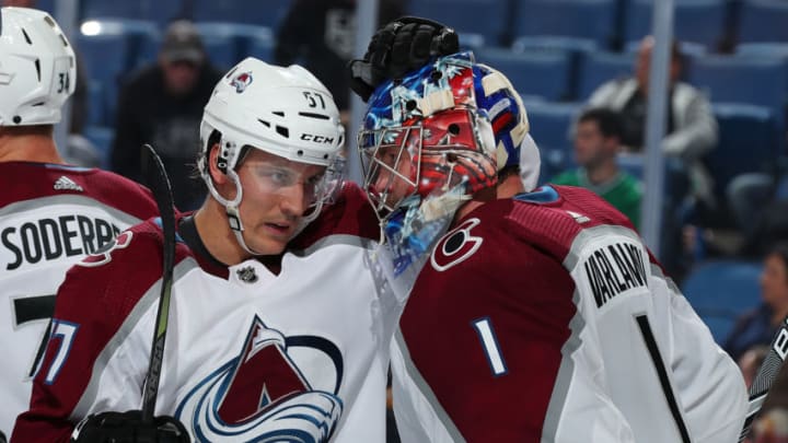 BUFFALO, NY - OCTOBER 11: Gabriel Bourque #57 congratulates Semyon Varlamov #1 of the Colorado Avalanche after their 6-1 victory over the Buffalo Sabres during an NHL game on October 11, 2018 at KeyBank Center in Buffalo, New York. (Photo by Bill Wippert/NHLI via Getty Images)
