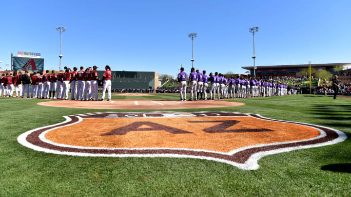SCOTTSDALE, AZ – FEBRUARY 25: Arizona Diamondbacks and Colorado Rockies stand for the national anthem prior to the spring training game at Salt River Fields at Talking Stick on February 25, 2017 in Scottsdale, Arizona. (Photo by Jennifer Stewart/Getty Images)