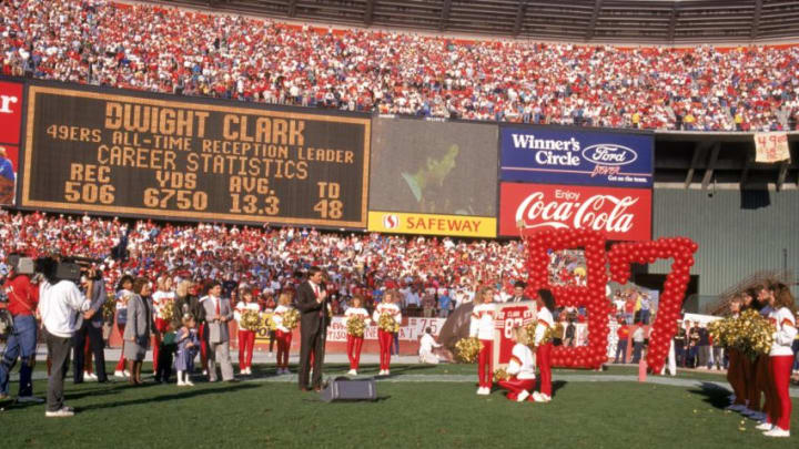 SAN FRANCISCO - DECEMBER 11: Former San Francisco 49ers wide receiver Dwight Clark is honored in front of the home crowd at Candlestick Park during a game against the New Orleans Saints on December 11, 1988 in San Francisco, California. The 49ers won 30-17. (Photo by George Rose/Getty Images)