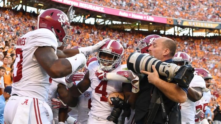 Oct 15, 2016; Knoxville, TN, USA; Alabama Crimson Tide defensive back Eddie Jackson (4) celebrates his punt return for a 79yd touchdown against the Tennessee Volunteers during the fourth quarter at Neyland Stadium. Mandatory Credit: John David Mercer-USA TODAY Sports