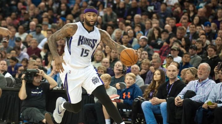 Jan 21, 2016; Sacramento, CA, USA; Sacramento Kings center DeMarcus Cousins (15) pushes the ball up the court against the Atlanta Hawks during the third quarter at Sleep Train Arena. The Sacramento Kings defeated the Atlanta Hawks 91-88. Mandatory Credit: Ed Szczepanski-USA TODAY Sports