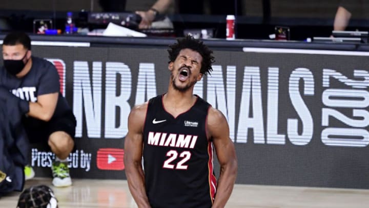 LAKE BUENA VISTA, FLORIDA - OCTOBER 04: Jimmy Butler #22 of the Miami Heat reacts during the second half against the Los Angeles Lakers in Game Three of the 2020 NBA Finals at AdventHealth Arena at ESPN Wide World Of Sports Complex on October 04, 2020 in Lake Buena Vista, Florida. NOTE TO USER: User expressly acknowledges and agrees that, by downloading and or using this photograph, User is consenting to the terms and conditions of the Getty Images License Agreement. (Photo by Douglas P. DeFelice/Getty Images)