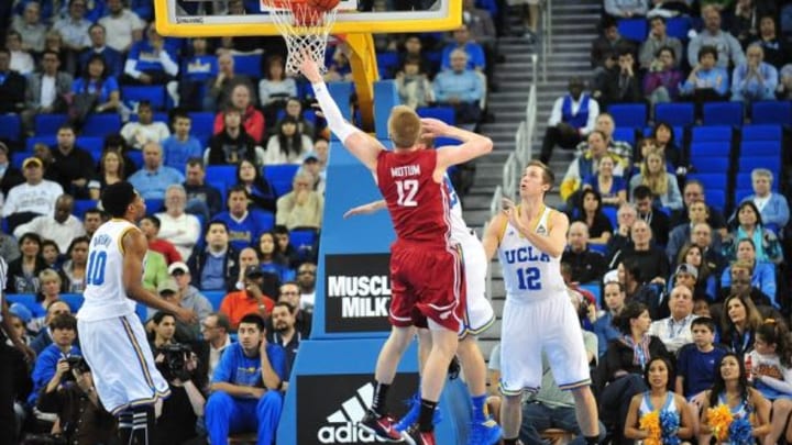 February 9, 2013; Los Angeles, CA, USA; Washington State Cougars forward Brock Motum (12) goes in for a basket against the UCLA Bruins during the first half at Pauley Pavilion. Mandatory Credit: Gary A. Vasquez-USA TODAY Sports