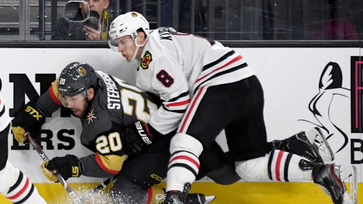 Chandler Stephenson #20 of the Vegas Golden Knights and Dominik Kubalik #8 of the Chicago Blackhawks (Photo by Ethan Miller/Getty Images) Chandler Stephenson #20 of the Vegas Golden Knights and Dominik Kubalik #8 of the Chicago Blackhawks (Photo by Ethan Miller/Getty Images)