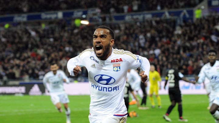 Alexandre LACAZETTE of Lyon celebrates scoring his goal during the French Ligue 1 between Lyon and Nice at Stade de Gerland on April 15, 2016 in Lyon, France. (Photo by Jean Paul Thomas / Icon Sport) (Photo by Jean Paul Thomas/Icon Sport via Getty Images)