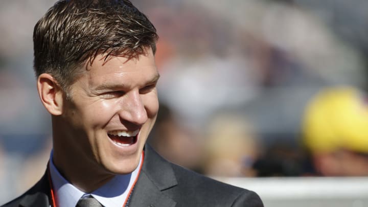 Nov 1, 2015; Chicago, IL, USA; Chicago Bears General Manager Ryan Pace smiles prior to the game against the Minnesota Vikings at Soldier Field. Mandatory Credit: Kamil Krzaczynski-USA TODAY Sports