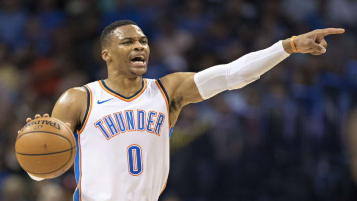 OKLAHOMA CITY, OK - OCTOBER 25: Russell Westbrook #0 of the Oklahoma City Thunder points to his team during a game against the Indiana Pacers at the Chesapeake Energy Arena on October 25, 2017 in Oklahoma City, Oklahoma. NOTE TO USER: User expressly acknowledges and agrees that, by downloading and or using this photograph, User is consenting to the terms and conditions of the Getty Images License Agreement. (Photo by Wesley Hitt/Getty Images)