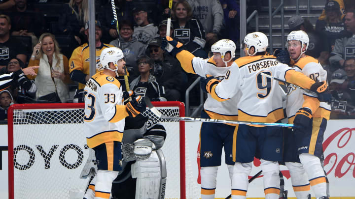 LOS ANGELES, CA – OCTOBER 12: Nashville Predators celebrate a goal during the third period against the Los Angeles Kings at STAPLES Center on October 12, 2019 in Los Angeles, California. (Photo by Adam Pantozzi/NHLI via Getty Images)
