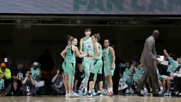 WHITE PLAINS, NY - AUGUST 30: The New York Liberty huddles up against the Connecticut Sun on August 30, 2019 at the Westchester County Center, in White Plains, New York. NOTE TO USER: User expressly acknowledges and agrees that, by downloading and or using this photograph, User is consenting to the terms and conditions of the Getty Images License Agreement. Mandatory Copyright Notice: Copyright 2019 NBAE (Photo by Steve Freeman/NBAE via Getty Images)