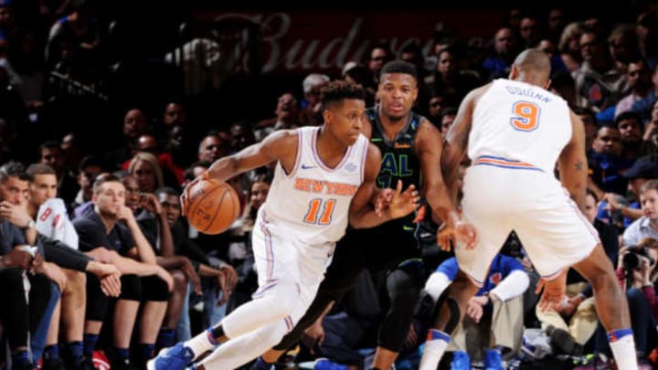 NEW YORK, NY – MARCH 13: Frank Ntilikina #11 of the New York Knicks handles the ball during the game against the Dallas Mavericks on March 13, 2018 at Madison Square Garden in New York City, New York. Copyright 2018 NBAE (Photo by Matteo Marchi/NBAE via Getty Images)