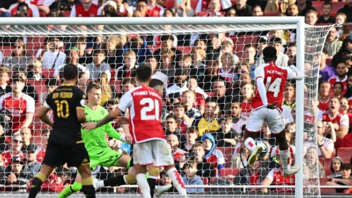 Arsenal's English striker Eddie Nketiah (R) scores the equalising goal and first one for his team during the pre-season friendly football match for the Emirates Cup final between Arsenal and Monaco at The Emirates Stadium in north London on August 2, 2023. (Photo by Glyn KIRK / AFP) / RESTRICTED TO EDITORIAL USE. No use with unauthorized audio, video, data, fixture lists, club/league logos or 'live' services. Online in-match use limited to 120 images. An additional 40 images may be used in extra time. No video emulation. Social media in-match use limited to 120 images. An additional 40 images may be used in extra time. No use in betting publications, games or single club/league/player publications. / (Photo by GLYN KIRK/AFP via Getty Images)