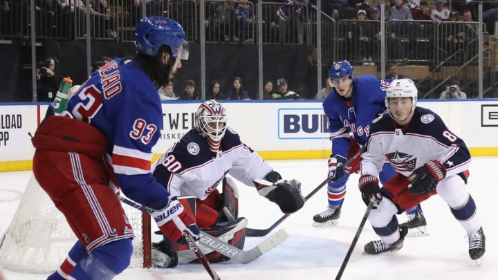 NEW YORK, NEW YORK – JANUARY 19: Matiss Kivlenieks #80 of the Columbus Blue Jackets tends net in his first NHL game against the New York Rangers at Madison Square Garden on January 19, 2020 in New York City. The Blue Jackets defeated the Rangers 2-1. (Photo by Bruce Bennett/Getty Images)