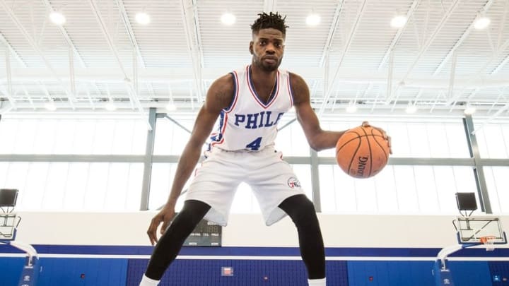 Sep 26, 2016; Philadelphia, PA, USA; Philadelphia 76ers forward Nerlens Noel (4) dribbles the ball during media day at the Philadelphia 76ers Training Complex. Mandatory Credit: Bill Streicher-USA TODAY Sports