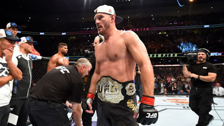 CLEVELAND, OH - SEPTEMBER 10: UFC heavyweight champion Stipe Miocic celebrates after defeating Alistair Overeem of The Netherlands in their UFC heavyweight championship bout during the UFC 203 event at Quicken Loans Arena on September 10, 2016 in Cleveland, Ohio. (Photo by Josh Hedges/Zuffa LLC/Zuffa LLC via Getty Images)