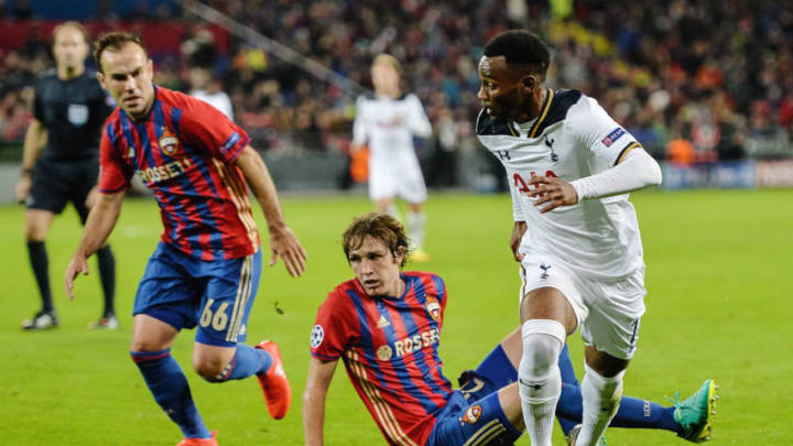 MOSCOW, RUSSIA - SEPTEMBER 27: Mario Fernandes (C) and Bibras Natcho of CSKA Moscow vies for the ball with Georges-Kvin N'Koudou of Tottenham Hotspur FC during the UEFA Champions League match between PFC CSKA Moskva and Tottenham Hotspur FC at the CSKA Arena stadium on September 27, 2016 in Moscow. (Photo by Epsilon/Getty Images)