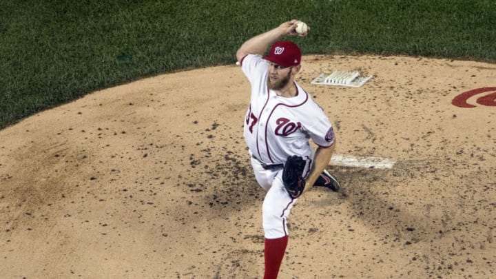WASHINGTON, DC - OCTOBER 06: Washington Nationals starting pitcher Stephen Strasburg (37) delivers during game one of the NLDS between the Chicago Cubs and the Washington Nationals on October 6, 2017, at Nationals Park, in Washington D.C. (Photo by Tony Quinn/Icon Sportswire via Getty Images)