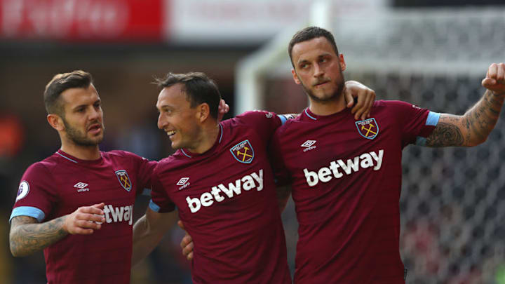 WATFORD, ENGLAND - MAY 12: Mark Noble of West Ham United is congratulated on his second goal during the Premier League match between Watford FC and West Ham United at Vicarage Road on May 12, 2019 in Watford, United Kingdom. (Photo by Matthew Lewis/Getty Images)