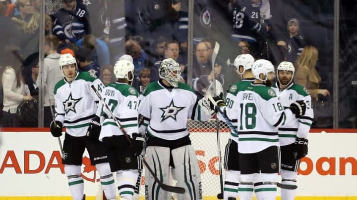 Feb 2, 2016; Winnipeg, Manitoba, CAN; Dallas Stars celebrate their win over the Winnipeg Jets after the third period at the MTS Centre. Dallas wins 5-3. Mandatory Credit: Bruce Fedyck-USA TODAY Sports