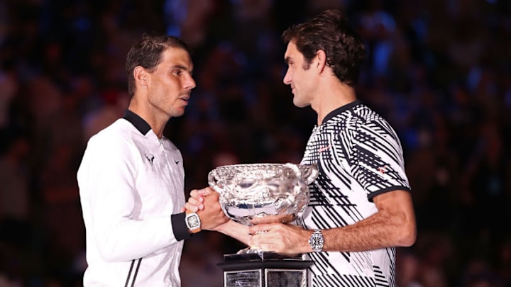 MELBOURNE, AUSTRALIA - JANUARY 29: Rafael Nadal of Spain congratulates Roger Federer of Switzerland on winning their Men's Final as Roger Federer holds the Norman Brookes Challenge Cup match on day 14 of the 2017 Australian Open at Melbourne Park on January 29, 2017 in Melbourne, Australia. (Photo by Scott Barbour/Getty Images)