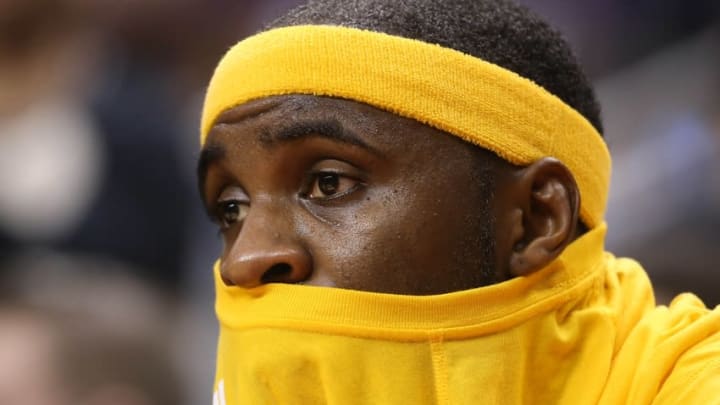 Apr 18, 2016; Toronto, Ontario, CAN; Indiana Pacers guard Ty Lawson (10) looks on from the bench in the late stages of the game against the Toronto Raptors in game two of the first round of the 2016 NBA Playoffs at Air Canada Centre. The Raptors beat the Pacers 98-87. Mandatory Credit: Tom Szczerbowski-USA TODAY Sports