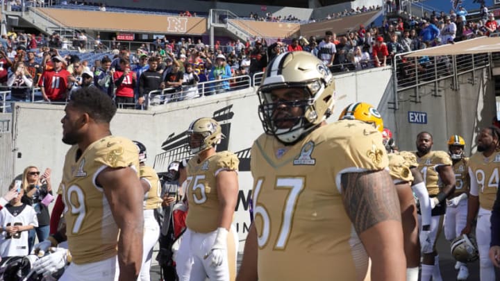 Jan 26, 2020; Orlando, Florida, USA; NFC guard Larry Warford of the New Orleans Saints (67) enters the field during the 2020 NFL Pro Bowl at Camping World Stadium. Mandatory Credit: Kirby Lee-USA TODAY Sports