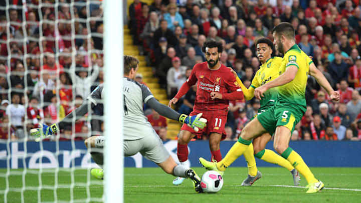 LIVERPOOL, ENGLAND - AUGUST 09: Mohamed Salah of Liverpool scores his sides second goal during the Premier League match between Liverpool FC and Norwich City at Anfield on August 09, 2019 in Liverpool, United Kingdom. (Photo by Michael Regan/Getty Images)