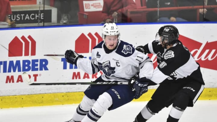 BOISBRIAND, QC - OCTOBER 05: Alexis Lafreniere #11 of the Rimouski Oceanic skates against William Cyr #8 of the Blainville-Boisbriand Armada at Centre d'Excellence Sports Rousseau on October 5, 2019 in Boisbriand, Quebec, Canada. The Blainville-Boisbriand Armada defeated the Rimouski Oceanic 5-3. (Photo by Minas Panagiotakis/Getty Images)