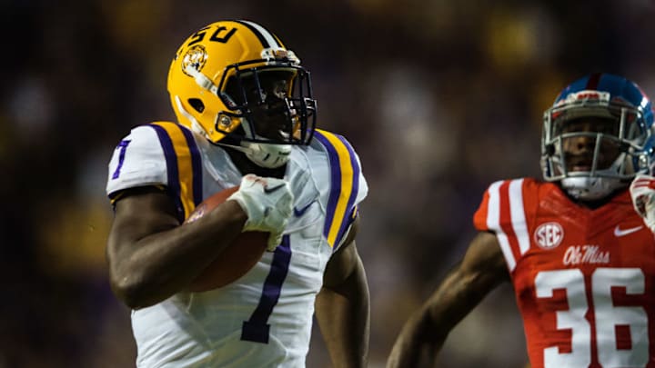 October 22, 2016: LSU Tigers running back Leonard Fournette (7) rushes for a touchdown during Ole Miss Rebels at LSU Tigers SEC game at Tiger Stadium in Baton Rouge, LA. (Photo by John Korduner/Icon Sportswire via Getty Images)