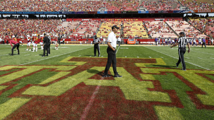 AMES, IA - SEPTEMBER 4: Head coach Matt Campbell of the Iowa State Cyclones walks on the 50 yard lines during pregame warmups at Jack Trice Stadium on September 4, 2021 in Ames, Iowa. The Iowa State Cyclones won 16-10 over the Northern Iowa Panthers. (Photo by David K Purdy/Getty Images)