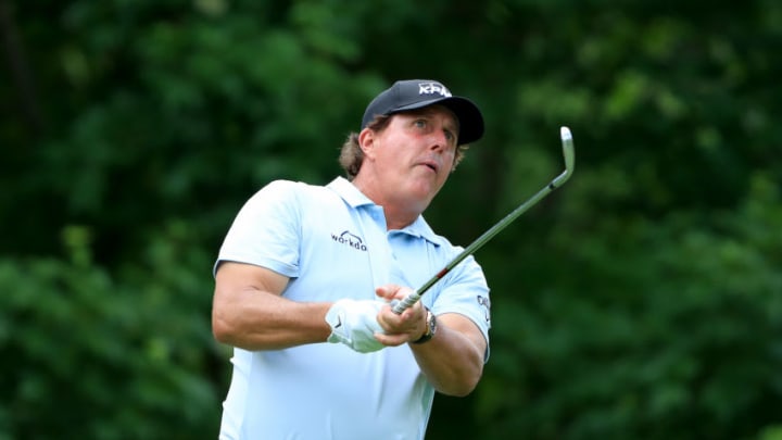 DUBLIN, OHIO - MAY 31: Phil Mickelson plays a shot during the second round of The Memorial Tournament Presented By Nationwide at Muirfield Village Golf Club on May 31, 2019 in Dublin, Ohio. (Photo by Sam Greenwood/Getty Images)