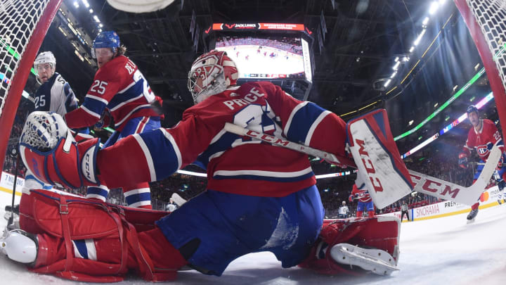 MONTREAL, QC – APRIL 3: Carey Price #31 of the Montreal Canadiens makes a save in front of Paul Stastny #25 of the Winnipeg Jets in the NHL game at the Bell Centre on April 3, 2018 in Montreal, Quebec, Canada. (Photo by Francois Lacasse/NHLI via Getty Images) *** Local Caption ***