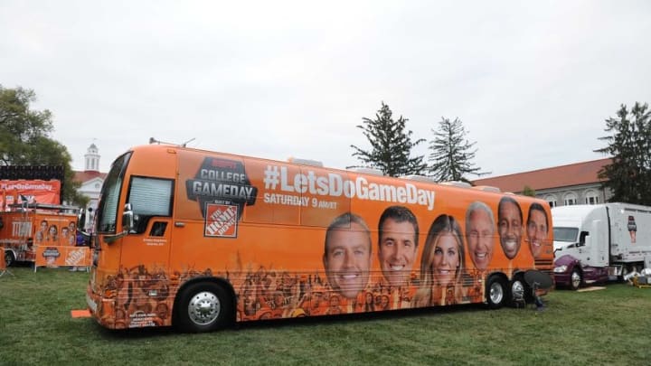 Oct 24, 2015; Harrisonburg, VA, USA; ESPN Gameday bus during the broadcast in the front of Wilson Hall on the campus of James Madison University prior to the homecoming game between Richmond and James Madison at Bridgeforth Stadium. Mandatory Credit: Brad Mills-USA TODAY Sports