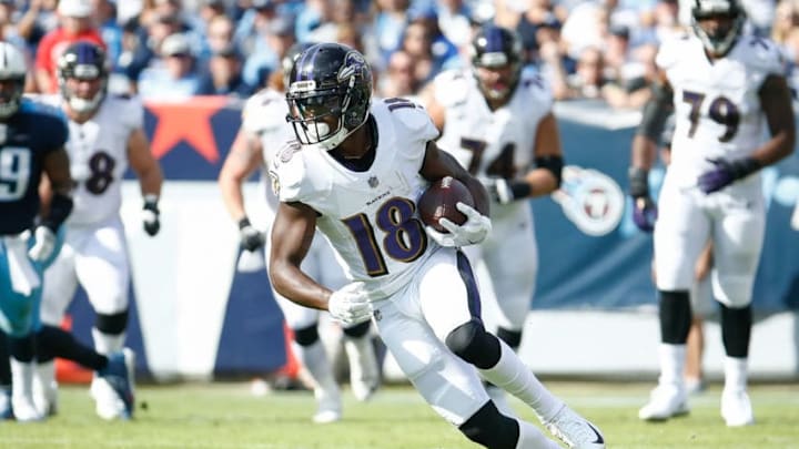 NASHVILLE, TN - NOVEMBER 05: Jeremy Maclin #18 of the Baltimore Ravens runs up field after a reception against the Tennessee Titans during the first half at Nissan Stadium on November 5, 2017 in Nashville, Tennessee. (Photo by Andy Lyons/Getty Images)