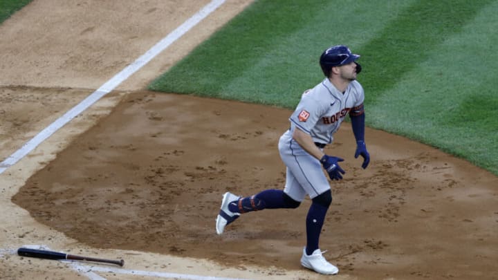 NEW YORK, NEW YORK - OCTOBER 22: Chas McCormick #20 of the Houston Astros hits a two-run home run against the New York Yankees during the second inning in game three of the American League Championship Series at Yankee Stadium on October 22, 2022 in New York City. (Photo by Sarah Stier/Getty Images)