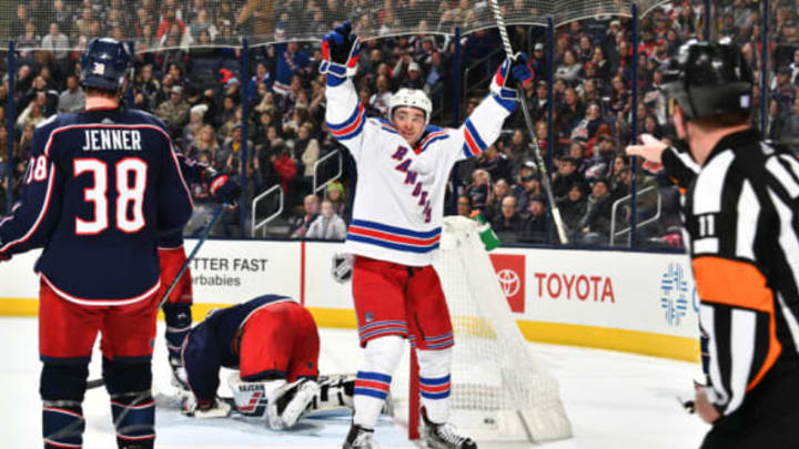 COLUMBUS, OH – NOVEMBER 10: Jimmy Vesey #26 of the New York Rangers reacts after scoring a goal during the second period of a game against the Columbus Blue Jackets on November 10, 2018 at Nationwide Arena in Columbus, Ohio. (Photo by Jamie Sabau/NHLI via Getty Images)