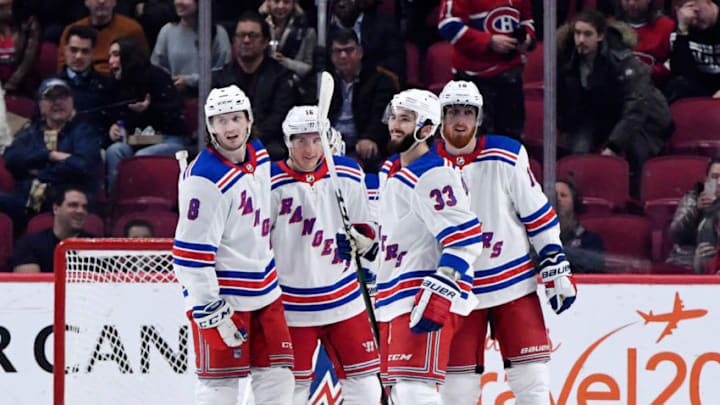 Feb 27, 2020; Montreal, Quebec, CAN; New York Rangers forward Ryan Strome (16) reacts with teammates including Phillip Di Giuseppe (33)after scoring a goal against the Montreal Canadiens during the third period at the Bell Centre. Mandatory Credit: Eric Bolte-USA TODAY Sports