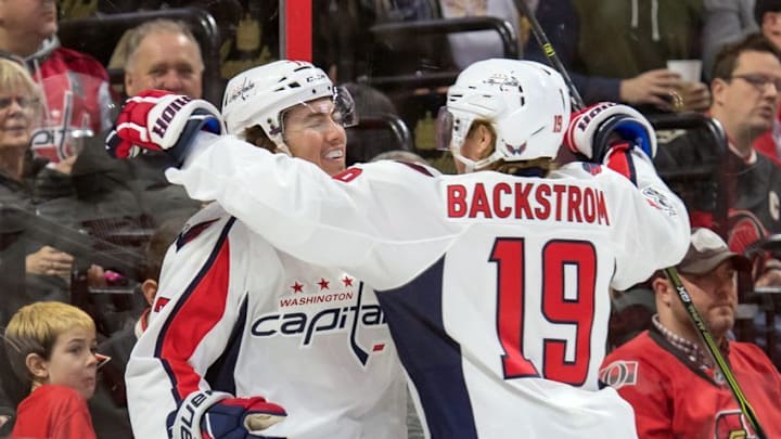 Jan 7, 2017; Ottawa, Ontario, CAN; Washington Capitals right wing T.J. Oshie (77) celebrates his goal with center Nicklas Backstrom (19) in the first period against the Ottawa Senators at Canadian Tire Centre. Mandatory Credit: Marc DesRosiers-USA TODAY Sports