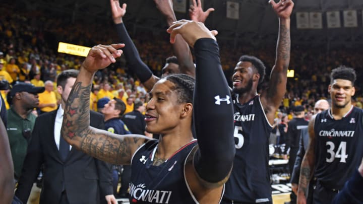 WICHITA, KS - MARCH 04: Cincinnati Bearcats players celebrate after beating the Wichita State Shockers on March 4, 2018 at Charles Koch Arena in Wichita, Kansas. (Photo by Peter Aiken/Getty Images)