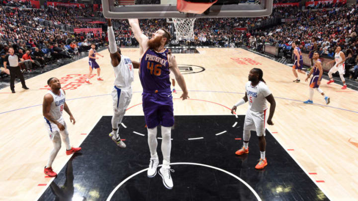 LOS ANGELES, CA - DECEMBER 17: Aron Baynes #46 of the Phoenix Suns blocks the ball against the LA Clippers on December 17, 2019 at STAPLES Center in Los Angeles, California. NOTE TO USER: User expressly acknowledges and agrees that, by downloading and/or using this Photograph, user is consenting to the terms and conditions of the Getty Images License Agreement. Mandatory Copyright Notice: Copyright 2019 NBAE (Photo by Andrew D. Bernstein/NBAE via Getty Images)