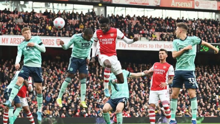 Arsenal's Ghanaian midfielder Thomas Partey scores his team's first goal during the English Premier League football match between Arsenal and Leicester City at The Emirates Stadium in London on March 13, 2022. - RESTRICTED TO EDITORIAL USE. No use with unauthorized audio, video, data, fixture lists, club/league logos or 'live' services. Online in-match use limited to 120 images. An additional 40 images may be used in extra time. No video emulation. Social media in-match use limited to 120 images. An additional 40 images may be used in extra time. No use in betting publications, games or single club/league/player publications. (Photo by Glyn KIRK / AFP) / RESTRICTED TO EDITORIAL USE. No use with unauthorized audio, video, data, fixture lists, club/league logos or 'live' services. Online in-match use limited to 120 images. An additional 40 images may be used in extra time. No video emulation. Social media in-match use limited to 120 images. An additional 40 images may be used in extra time. No use in betting publications, games or single club/league/player publications. / RESTRICTED TO EDITORIAL USE. No use with unauthorized audio, video, data, fixture lists, club/league logos or 'live' services. Online in-match use limited to 120 images. An additional 40 images may be used in extra time. No video emulation. Social media in-match use limited to 120 images. An additional 40 images may be used in extra time. No use in betting publications, games or single club/league/player publications. (Photo by GLYN KIRK/AFP via Getty Images)