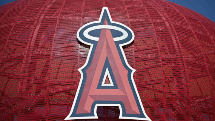 Apr 15, 2020; Anaheim, California, USA; General overall view of the Los Angeles Angels logo at Angel Stadium of Anaheim amid the global coronavirus COVID-19 pandemic. Mandatory Credit: Kirby Lee-USA TODAY NETWORK