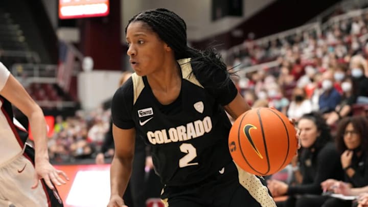Feb 13, 2022; Stanford, California, USA; Colorado Buffaloes guard Tameiya Sadler (2) dribbles during the third quarter against the Stanford Cardinal at Maples Pavilion. Mandatory Credit: Darren Yamashita-USA TODAY Sports