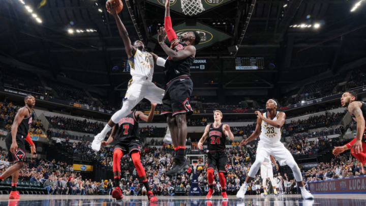 INDIANAPOLIS, IN - DECEMBER 6: Victor Oladipo #4 of the Indiana Pacers drives to the basket against the Chicago Bulls on December 6, 2017 at Bankers Life Fieldhouse in Indianapolis, Indiana. NOTE TO USER: User expressly acknowledges and agrees that, by downloading and or using this Photograph, user is consenting to the terms and conditions of the Getty Images License Agreement. Mandatory Copyright Notice: Copyright 2017 NBAE (Photo by Ron Hoskins/NBAE via Getty Images)