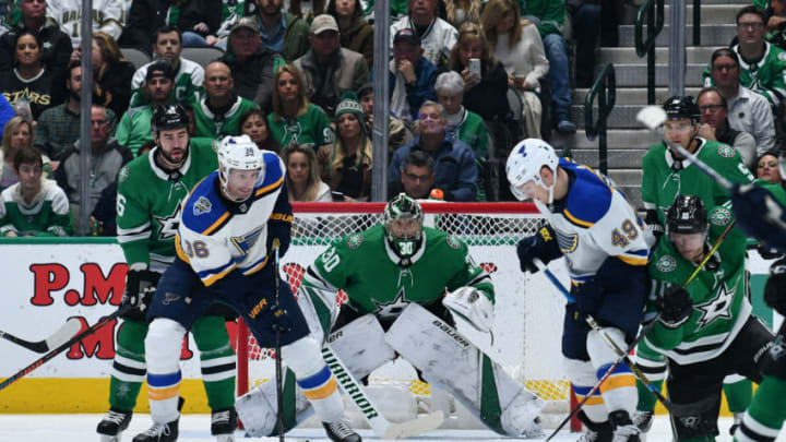 DALLAS, TX - NOVEMBER 29: Ben Bishop #30 of the Dallas Stars tends goal against the St. Louis Blues at the American Airlines Center on November 29, 2019 in Dallas, Texas. (Photo by Glenn James/NHLI via Getty Images)