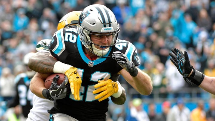 CHARLOTTE, NC – DECEMBER 17: Colin Jones #42 of the Carolina Panthers returns an interception against the Green Bay Packers in the third quarter during their game at Bank of America Stadium on December 17, 2017 in Charlotte, North Carolina. (Photo by Grant Halverson/Getty Images)