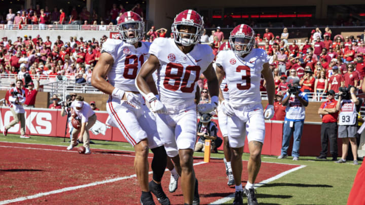 FAYETTEVILLE, ARKANSAS - OCTOBER 1: Kobe Prentice #80 of the Alabama Crimson Tide celebrates after scoring a touchdown during a game against the Arkansas Razorbacks at Donald W. Reynolds Razorback Stadium on October 1, 2022 in Fayetteville, Arkansas. The Crimson Tide defeated the Razorbacks 49-26. (Photo by Wesley Hitt/Getty Images)