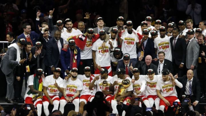 OAKLAND, CALIFORNIA - JUNE 13: The Toronto Raptors pose for a photo after their team defeated the Golden State Warriors to win Game Six of the 2019 NBA Finals at ORACLE Arena on June 13, 2019 in Oakland, California. NOTE TO USER: User expressly acknowledges and agrees that, by downloading and or using this photograph, User is consenting to the terms and conditions of the Getty Images License Agreement. (Photo by Lachlan Cunningham/Getty Images)
